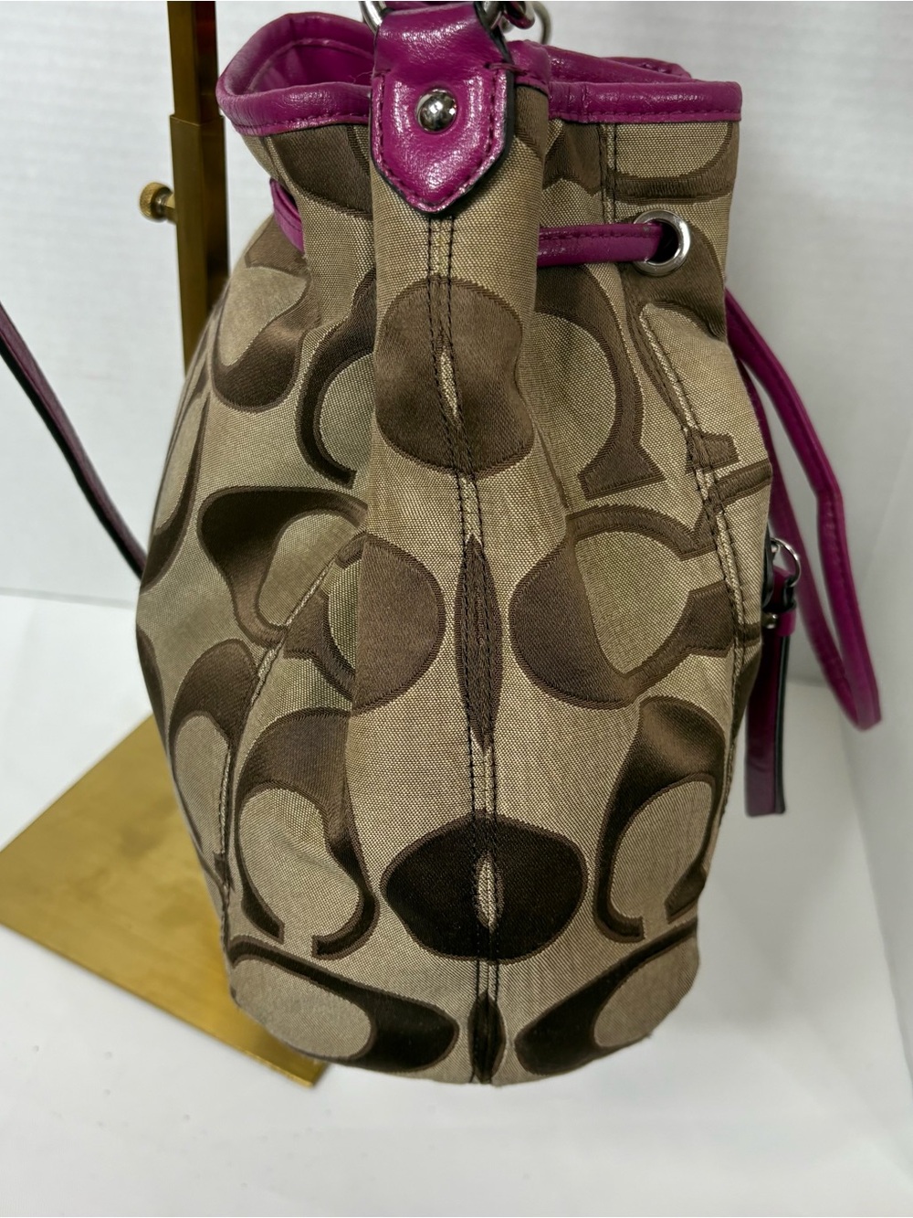 Coach Daisy Brown Signature Drawstring Shoulder/Crossbody Bag with Pink Trim - Picture 7 of 12